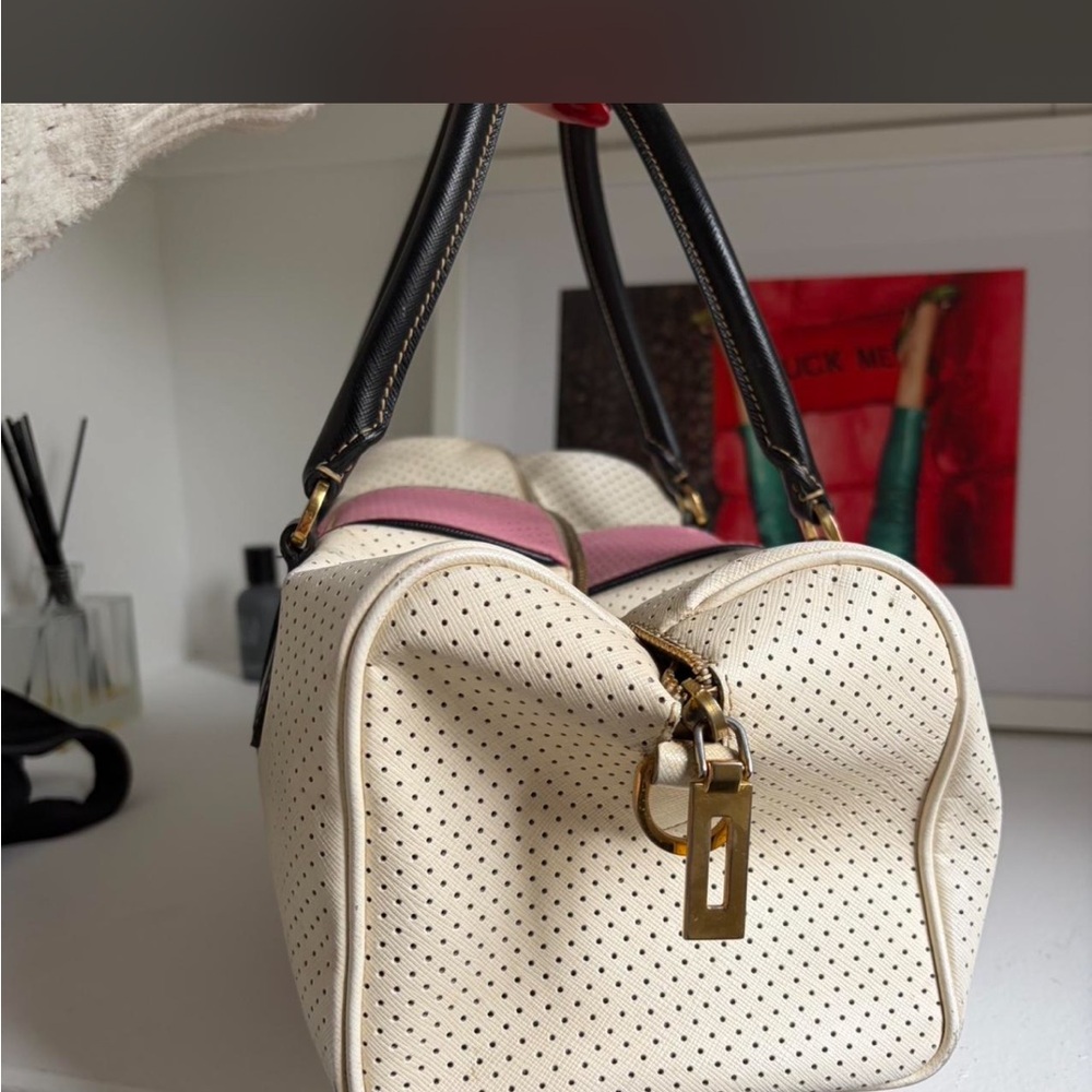 Prada Two-Tone Perforated Satchel - Pink, Cream & Black - Picture 5 of 8